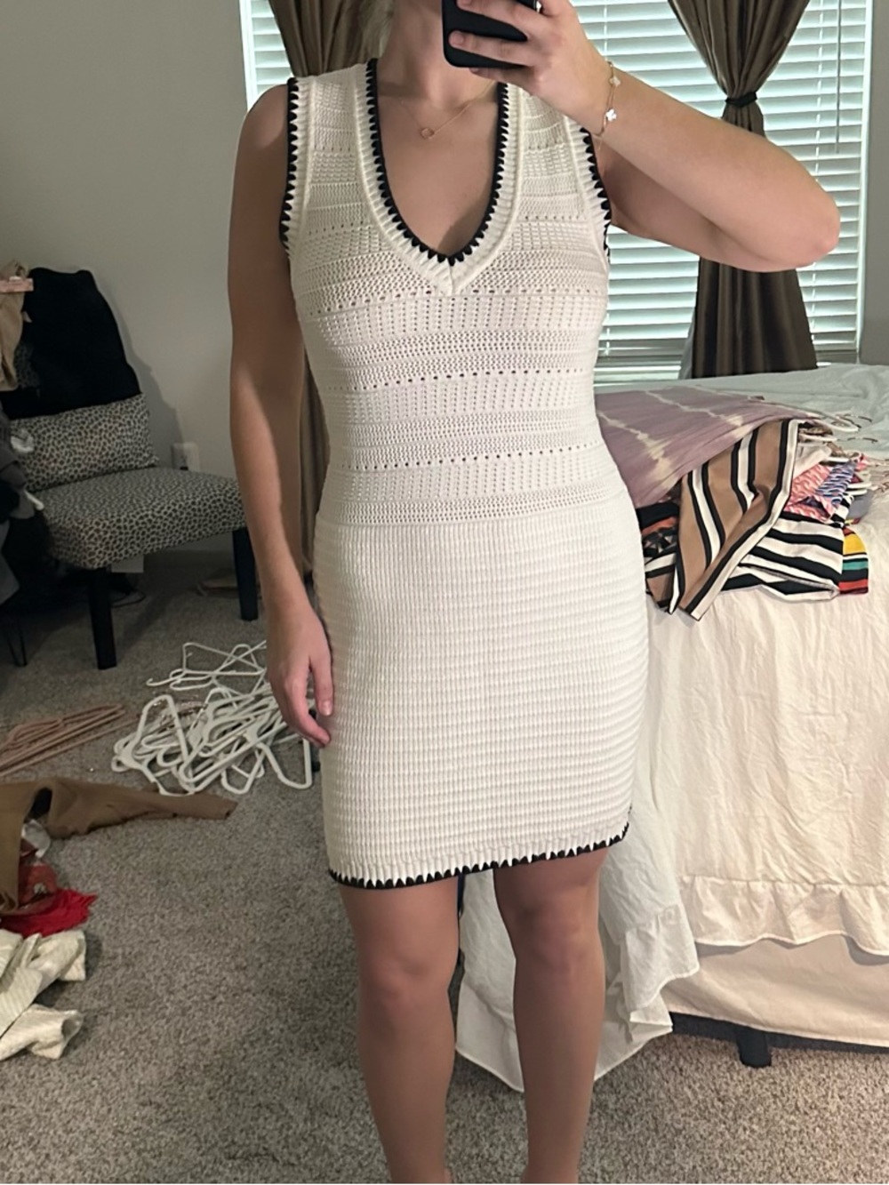 Heartloom White Knit V-Neck Mini Dress with Black Trim